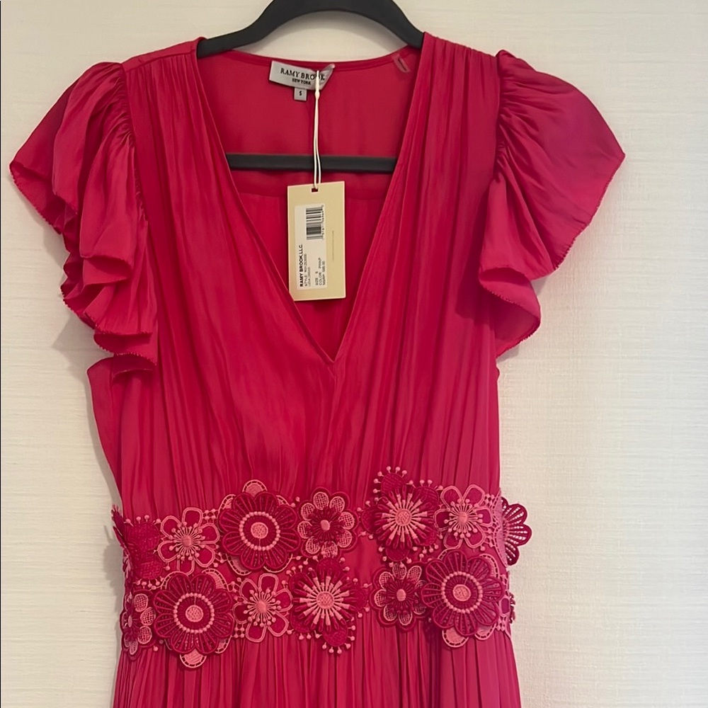 Red Ruffle Sleeve Dress with Floral Embellishments